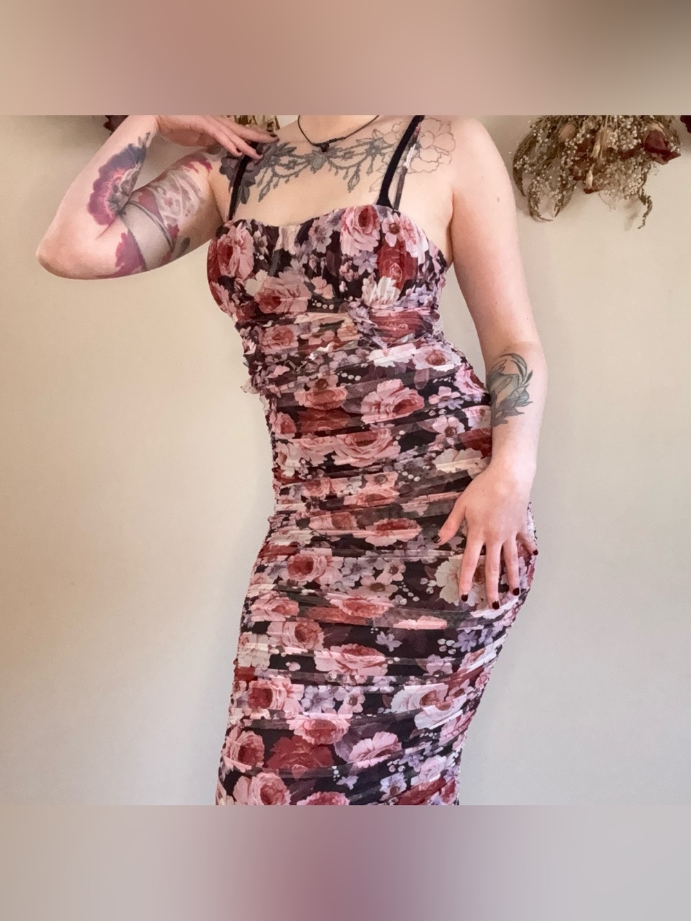 Francesca’s Rosie French Rose Print Ruched Midi Bodycon Dress